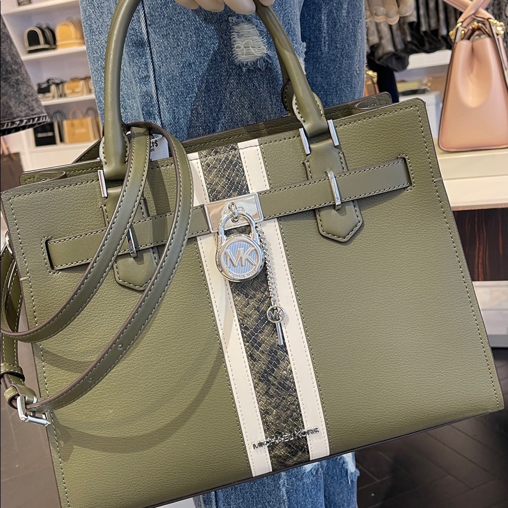 MICHAEL KORS Hamilton Md Leather and Snake Embossed Stripe Satchel
Olive 
NWT - Picture 12 of 16
